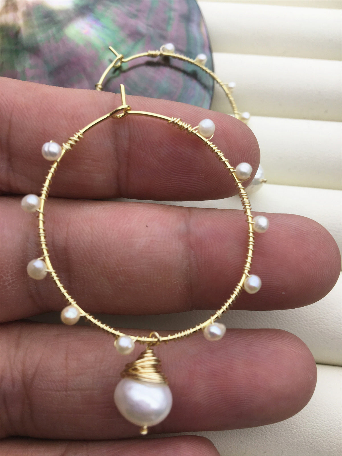 Handmade Big Hoop white pearl earrings,earring with white baroque Natural Pearl,SE3-120-9