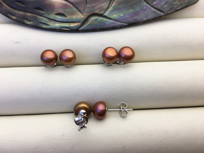 AAA 6-7mm Brown Pearl pearl earrings,Sterling Silver,girls pearl earrings,SE1-024