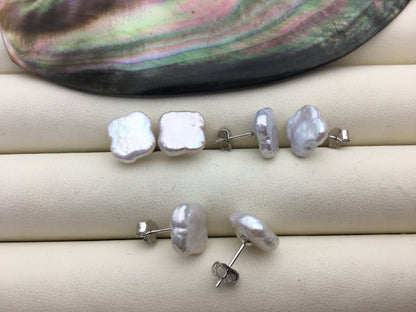 AAA 10-11mm white flower pearl stud earrings,sterling silver,earring with white baroque Natural Pearl,SE3-T49