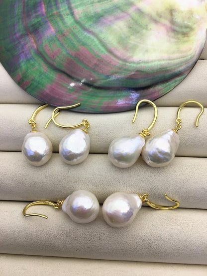 1 pair AAA 12-13mm white baroque drop edison pearl dangle earrings, 925 silver gold-plated earrings,wedding pearl earrings,SE3-T9-24