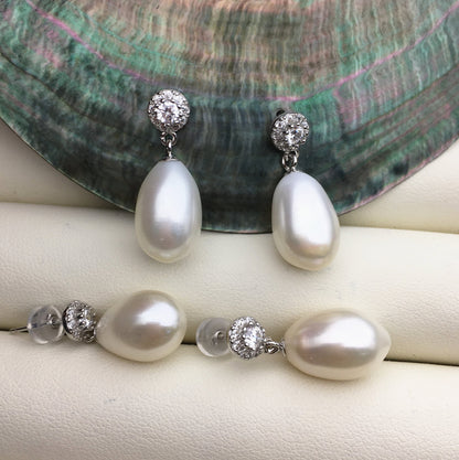 9mm white oval pearl stud earrings,real pearl earrings,pearl for women ,crystal and pearl earrings,SE3-043