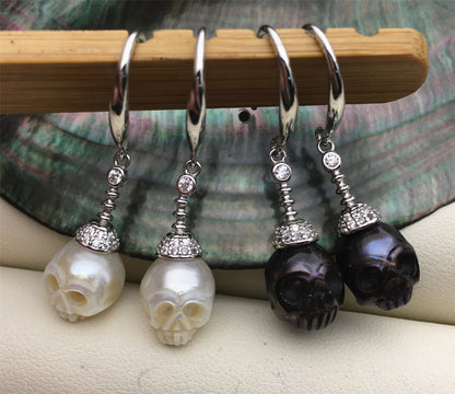 AAA White/Black Carved Skull Freshwater Pearl Dangle Earrings,Pearl Earrings for Women Girls,SE3-027-18