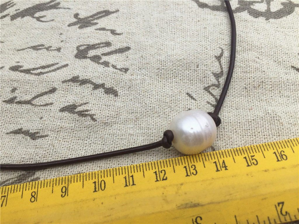 12mm Very Big Rice Pearl Leather Choker Necklace,Pearl Leather Necklace,freshwater rice pearl necklace,pearl leather choker,Le1-073