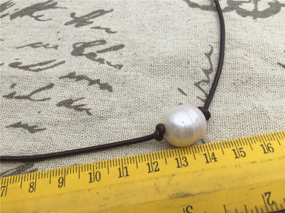 12mm Very Big Rice Pearl Leather Choker Necklace,Pearl Leather Necklace,freshwater rice pearl necklace,pearl leather choker,Le1-073