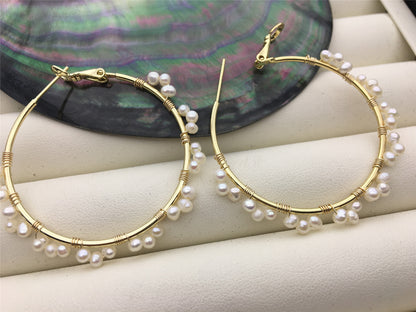 Big Hoop white tiny pearl Hook earrings,earring with tiny white Natural Pearl,SE3-120-1