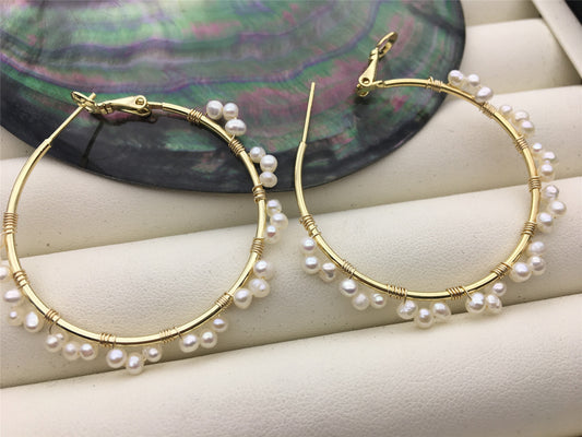 Big Hoop white tiny pearl Hook earrings,earring with tiny white Natural Pearl,SE3-120-1