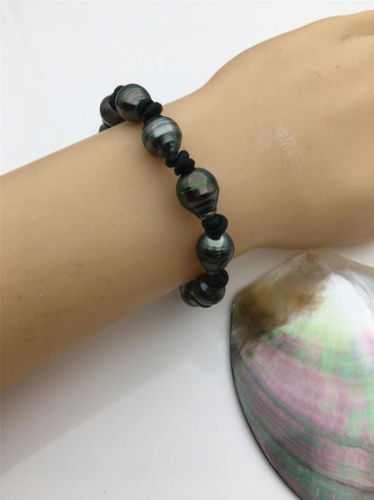 Real Green Tahitian pearl bracelet,High Luster pearl, Pearl Leather bracelet,Taitian pearl bracelet, Black Leather Pearl bracelet,Le10-005