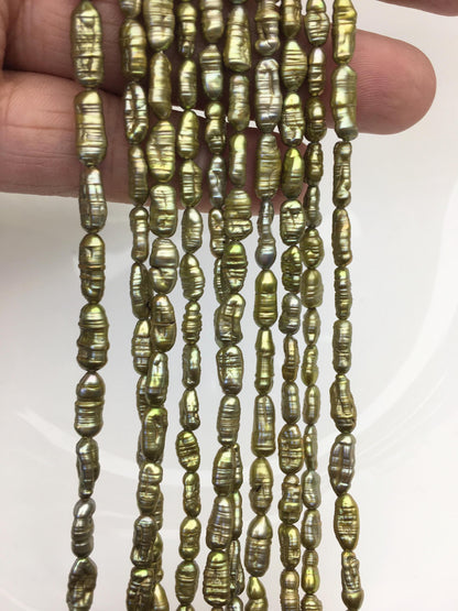 AA 4-5mm green brown toothpick Biwa Pearl Necklace,Genuine Fresh Water Pearl,Wedding Necklace,Mothers Day,ZS-80-10-20