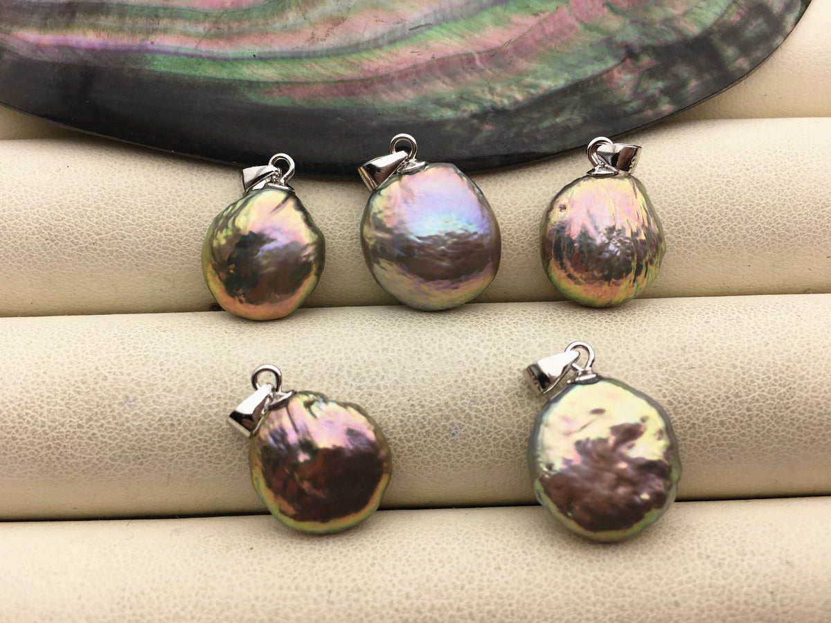 1pc 12-14mm rainbow coin freshwater pearl pendant necklace,S925 Sterling silver pendant,NC1-T40