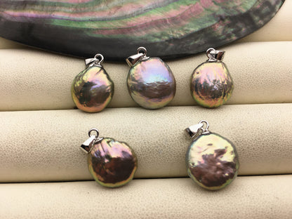 1pc 12-14mm rainbow coin freshwater pearl pendant necklace,S925 Sterling silver pendant,NC1-T40