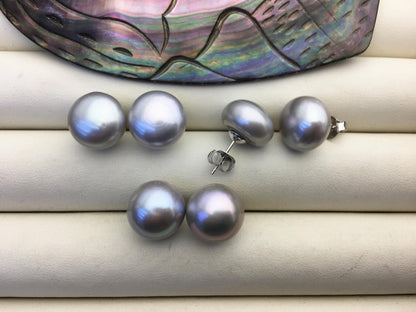 1 pair AA+ 13.5-14mm Huge Gray Pearl stud Earrings, Sterling Silver,Wedding,silver jewelry,SE1-069-12