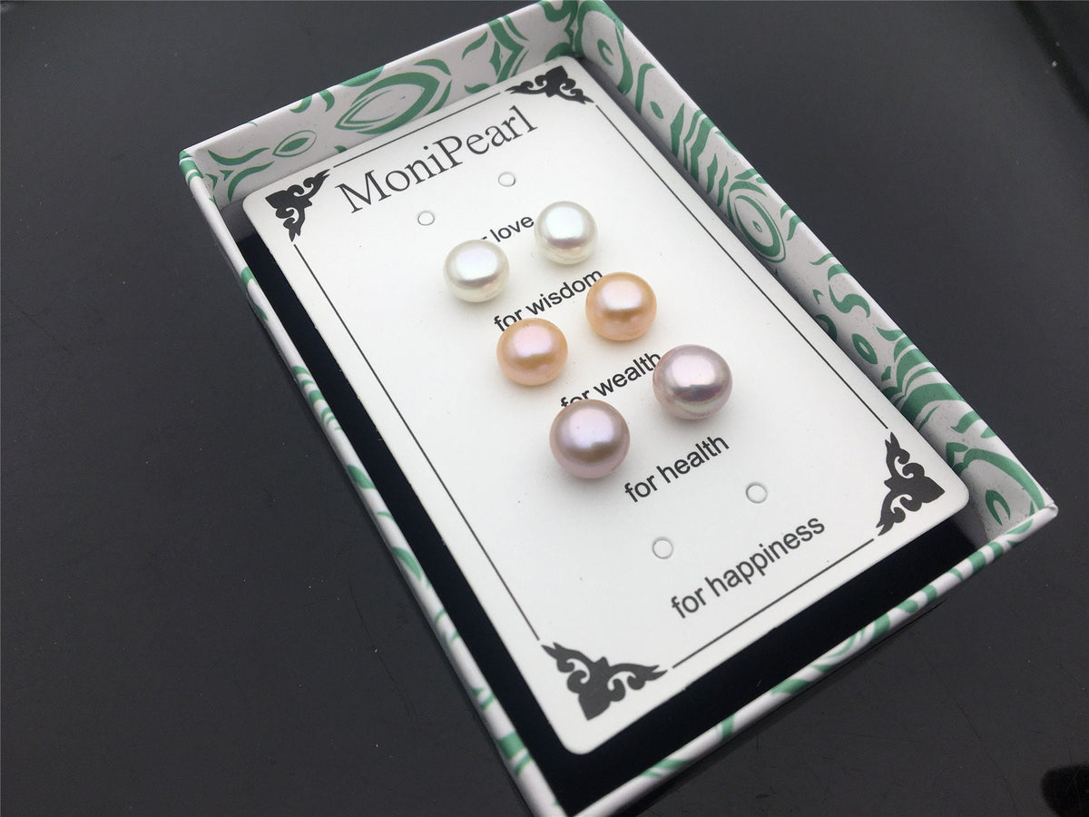 3 pair SET 8-8.5mm White Pink Purple pearl stud earrings,Sterling Silver AAA pearl,wish pearl stud earrings,SE3-083
