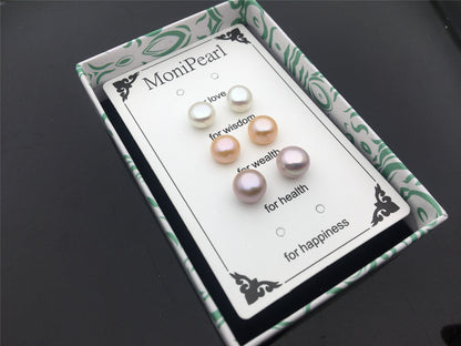 3 pair SET 8-8.5mm White Pink Purple pearl stud earrings,Sterling Silver AAA pearl,wish pearl stud earrings,SE3-083