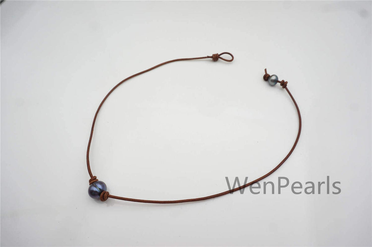 Big Blue Pearl Leather Necklace Choker, Black Freshwater pearl, Birthday,Black Leather Pearl necklace,Select leather color,Le4-051