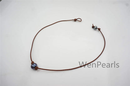 Big Blue Pearl Leather Necklace Choker, Black Freshwater pearl, Birthday,Black Leather Pearl necklace,Select leather color,Le4-051
