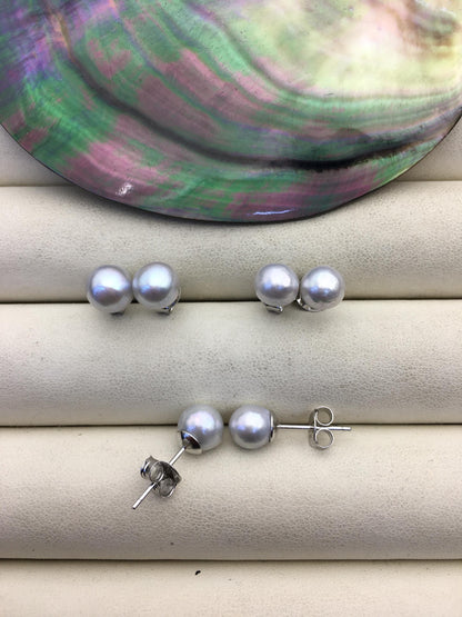 AA 7-8mm gray akoya round seawater pearl stud earrings,sterling silver metal,SE3-109-18