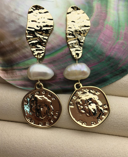 Gold Coin style White nugget pearl stud earrings,earring with white baroque Natural Pearl,SE3-121-2
