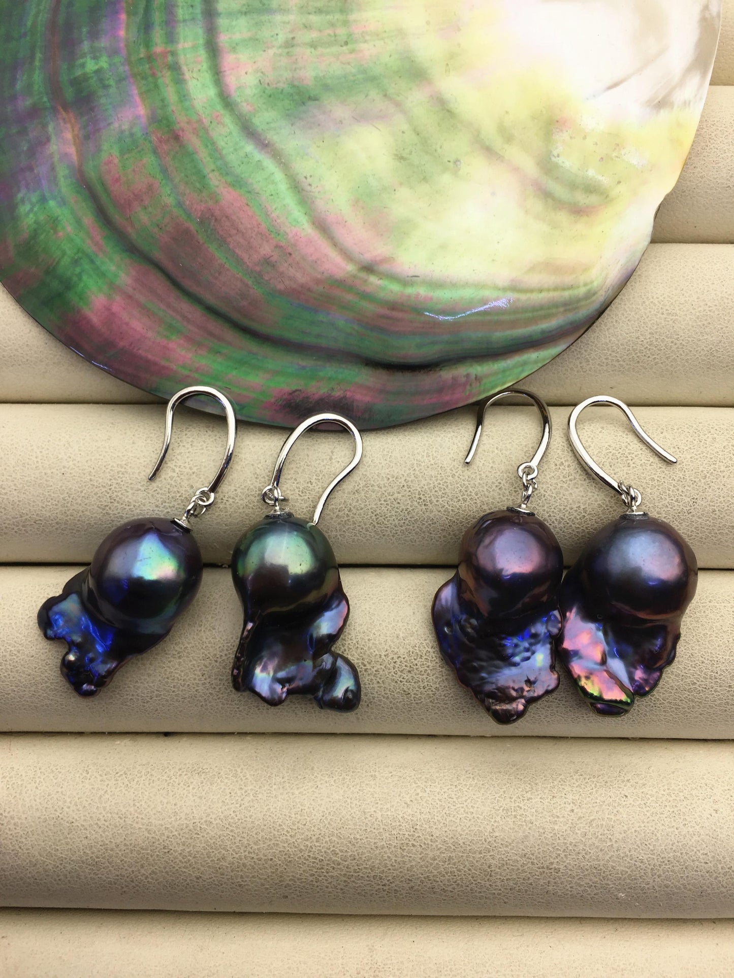 1 pair AAA 12-17mm black rainbow flame ball pearl dangle earrings,SE3-031-28