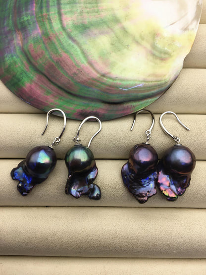 1 pair AAA 12-17mm black rainbow flame ball pearl dangle earrings,SE3-031-28