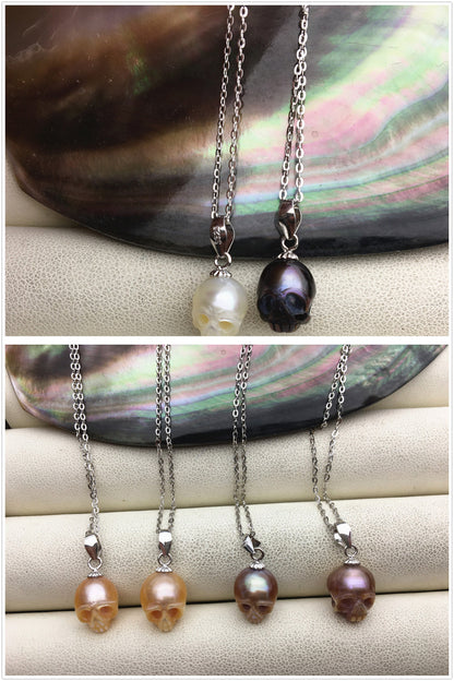 AAA 8mm white/pink/purple/gray/black handmade carved skull freshwater pearl pendant necklace,S925 Sterling silver pendant,NC1-012-9