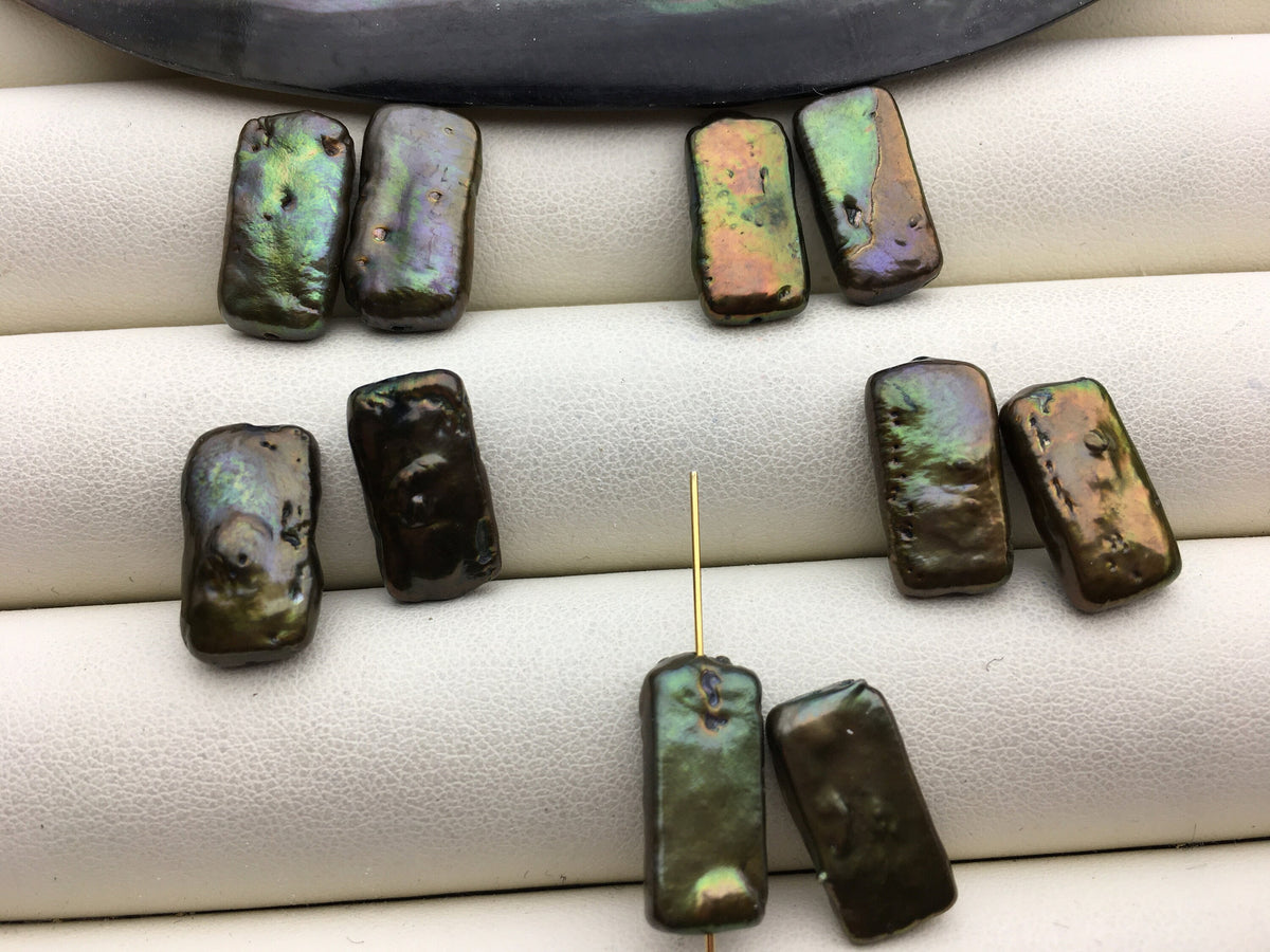 3 pairs AA 8-9x14-16mm Green Rectangle Freshwater Pearl White loose Beads Piar,wholesale,ZS-103-37-21