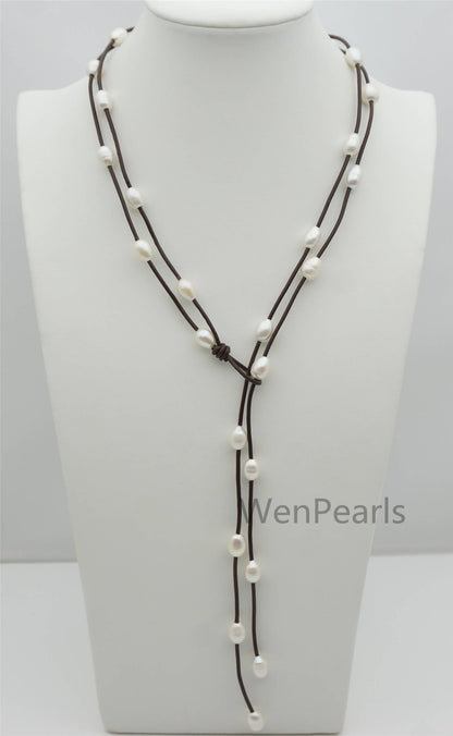 White rice pearl leather necklace,Pearl and Leather Lariat Necklace,Leather Pearl necklace,Tan leather,Le4-086