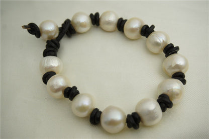 11mm big pearl bracelet,Leather Pearls Bracelet, Handmade Cuff,White Pearls on Brown Leather,Black leather bracelet,Le7-031