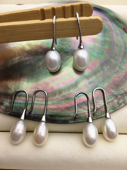 Minimalist white rice pearl dangle earrings,AAA 9mm oval rice pearl earrings for women,SE3-060