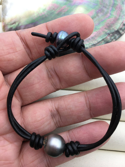 11-13mm big Single Drop Gray Green Tahitian pearl Leather Cord bracelet,SELECT leather color, Pearl Leather bracelet,Le10-004