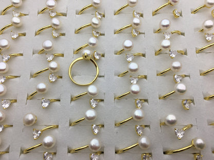 6pcs Gold Open AAA white pearl ring,inexpensive engagement rings,fashion rings,fake diamond rings real pearls,inexpensive ring,R1-088-6
