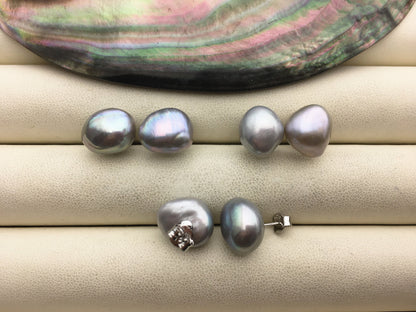 1 pair AAA 11mm gray baroque nugget Pearl Stud Earrings,freshwater pearl earrings,Wedding,classic pearl studs,SE1-069-33