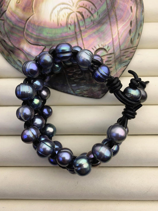 Three rows deep blue pearl bracelet,Leather Pearls Bracelet, Handmade Cuff,White Pearls on Brown Leather,Black leather bracelet,Le7-095
