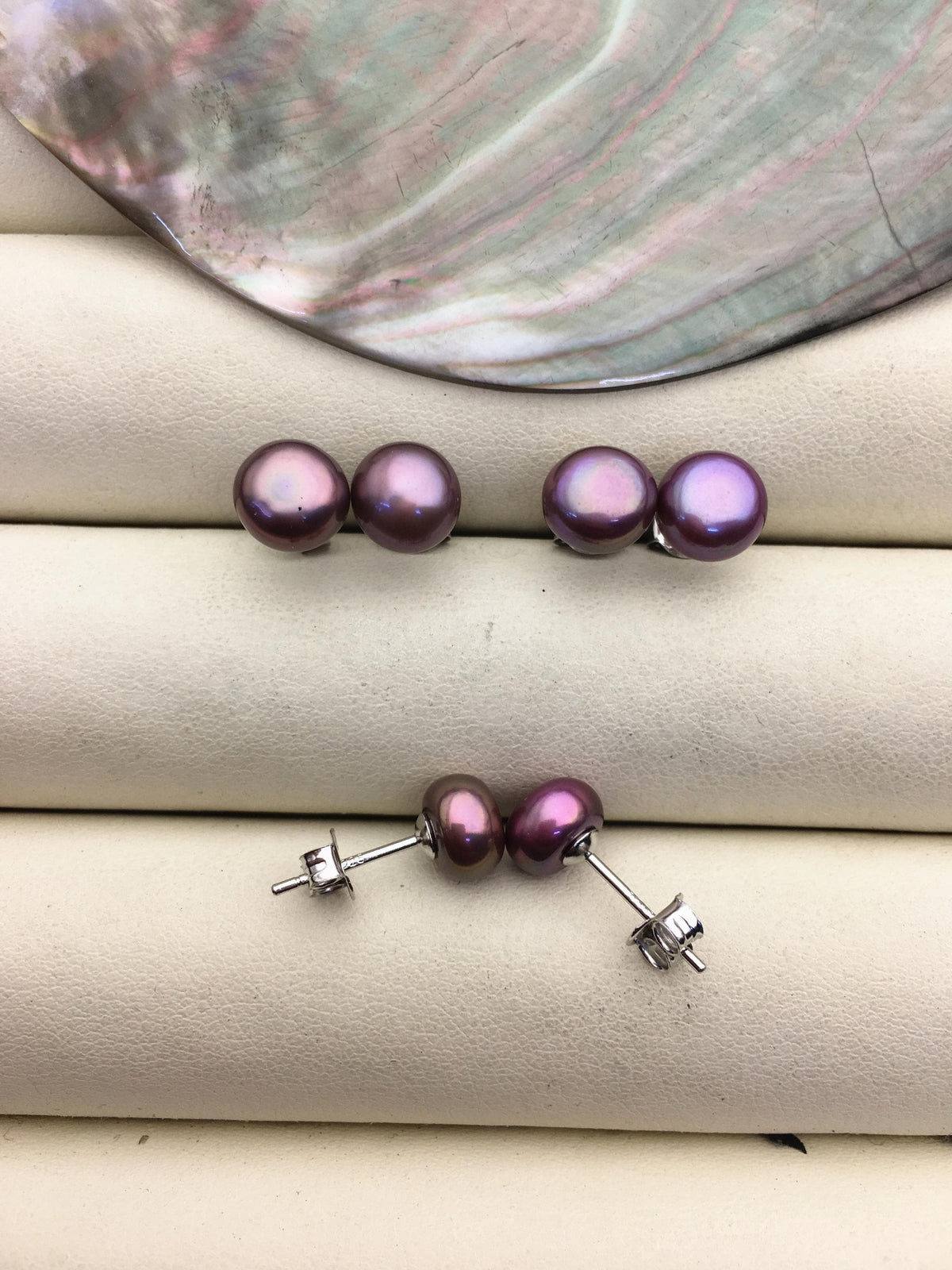 AAA 7-8mm Purple Rainbow Pearl Stud Earrings, pearl earrings,S925 Sterling Silver,Wedding,classic pearl studs,SE1-065