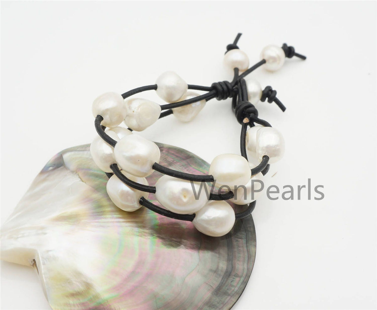 12-15mm very very big pearl leather bracelet- 3 rows Leather Pearls Bracelet - Genuine freshwater pearl - Real leather - Le7-166