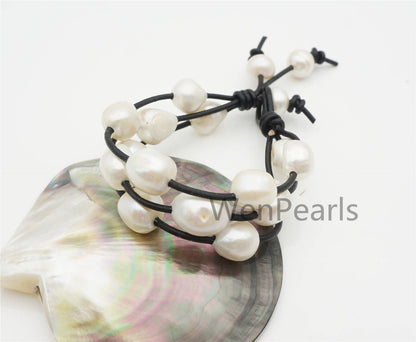 12-15mm very very big pearl leather bracelet- 3 rows Leather Pearls Bracelet - Genuine freshwater pearl - Real leather - Le7-166