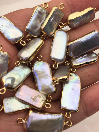 5pcs AA+ 9-11mm Gray block Pearl Double Bail Connector Charm with Gold Electroplated Edge for make Earrings bracelet necklace,EDG-018