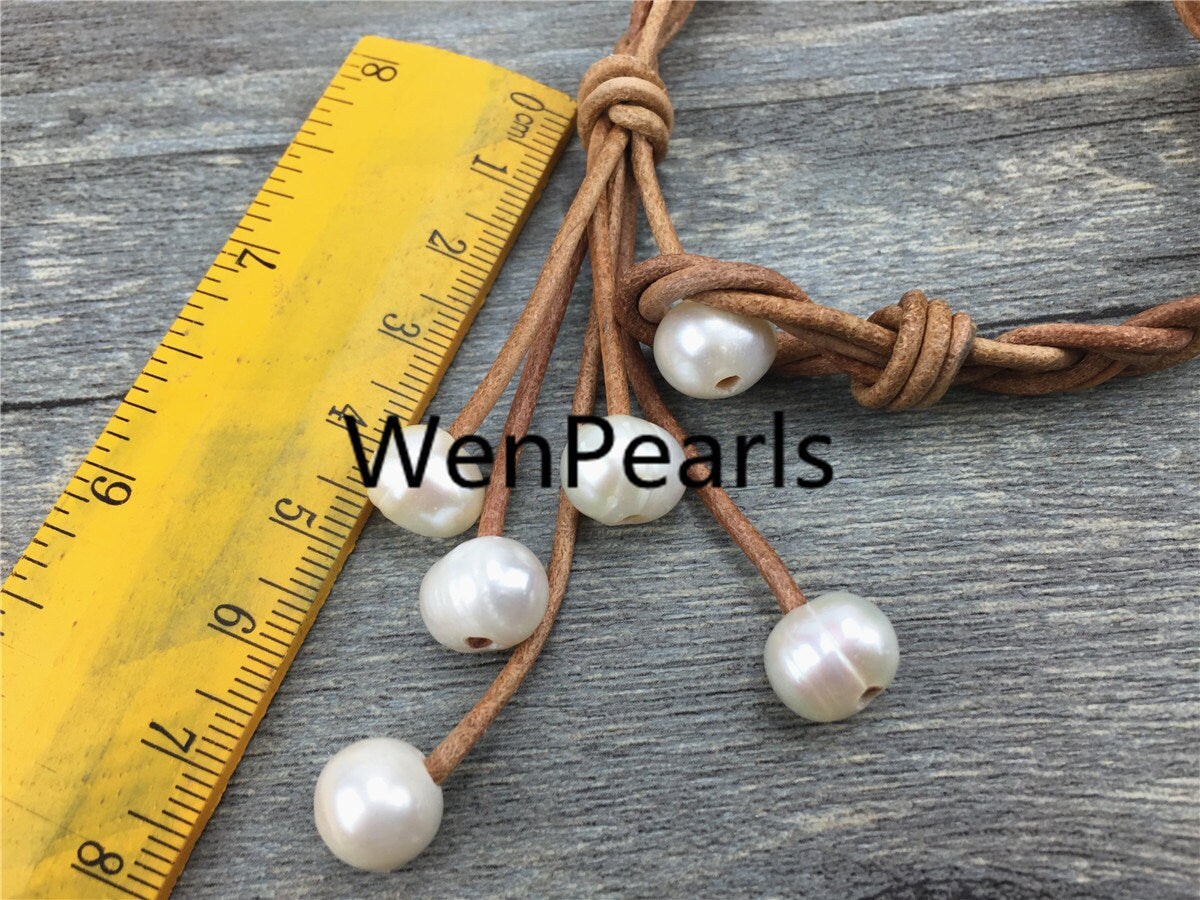 custom length,twisted leather baroque pearl bracelet, knotted freshwater pearl bracelet,9mm pearl bracelet,Leather Pearls Bracelet,Le7-044