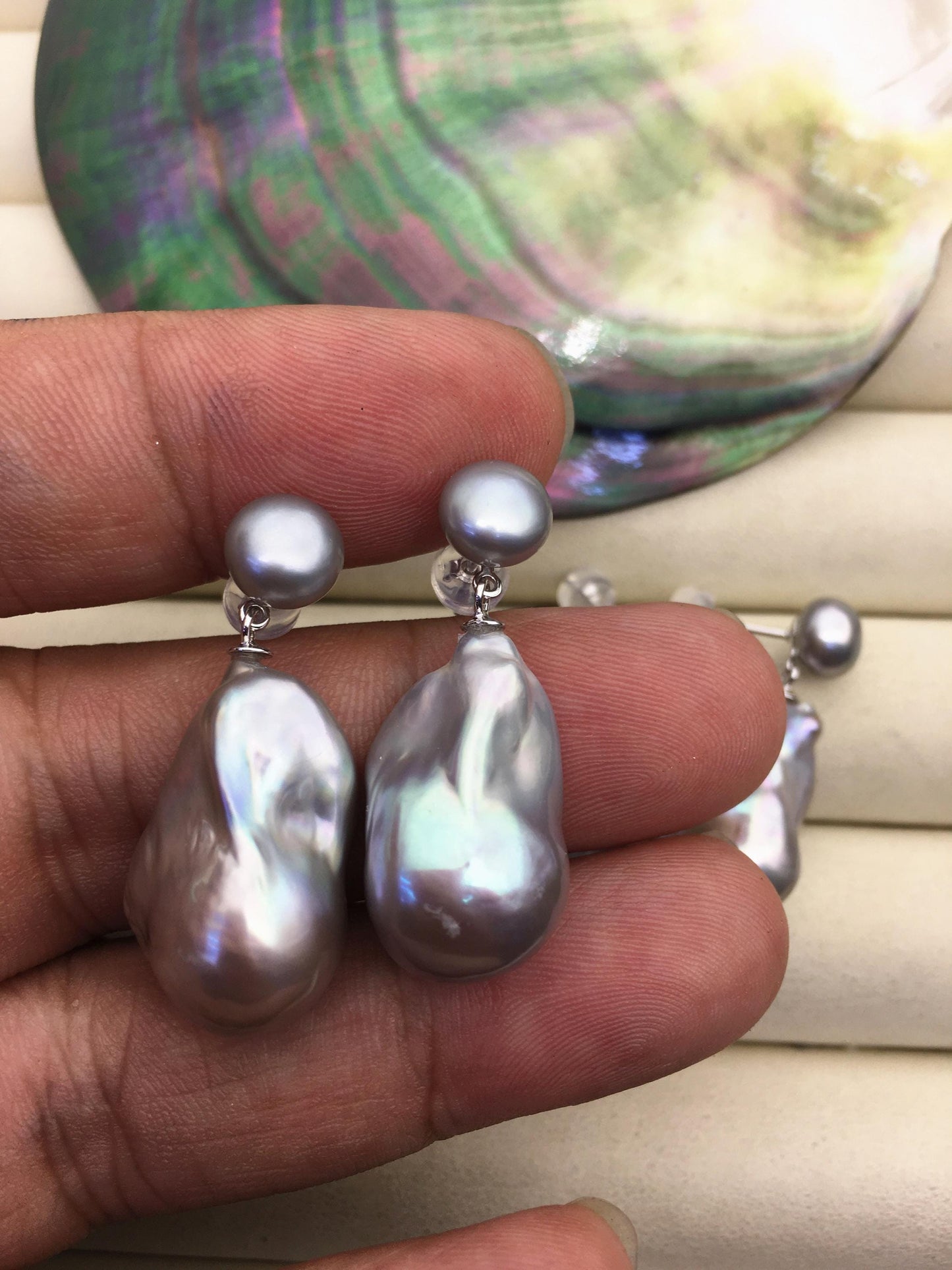 1 pair AAA 13-16mm gray flame ball pearl diamond stud earrings,sterling silver,earring with white baroque Natural Pearl,SE3-031-7