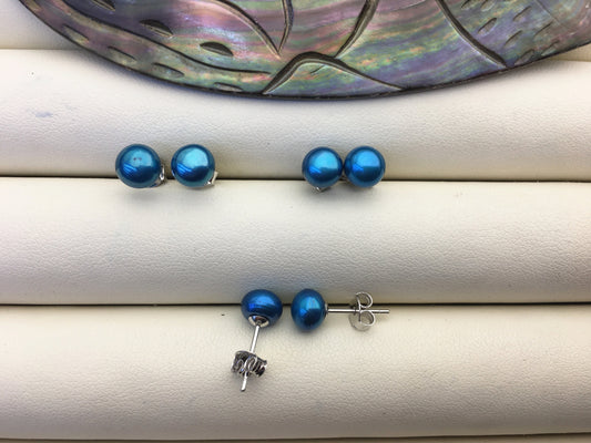 1 pair AAA 6-7mm blue pearl stud earrings,Sterling Silver,SE1-T37