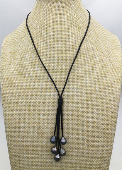 5 real tahitian pearls drop part leather Necklace,Select Leather color Pearl necklace, Leather pearl necklace,Le11-030