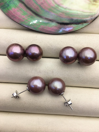 1 pair AAA 12-13mm natural deep purple edison round pearl stud earrings,SE3-T9-44