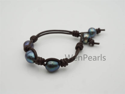 Deep Blue Big Rice pearl bracelet,Leather Pearls Bracelet,Handmade Cuff,white Pearls on Tan Leather,genuine freshwater pearl,Le7-156