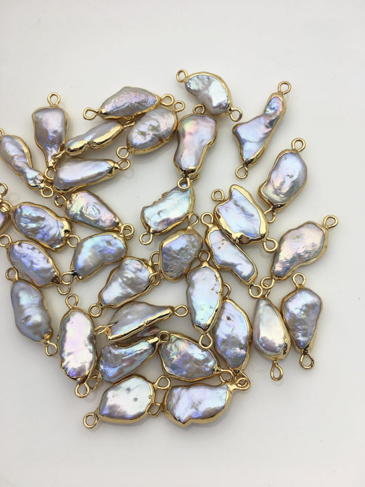 10pcs AA+ 8-11mm white baroque Pearl connector with Gold Electroplated Edge for make Earrings bracelet necklace,EDG-016