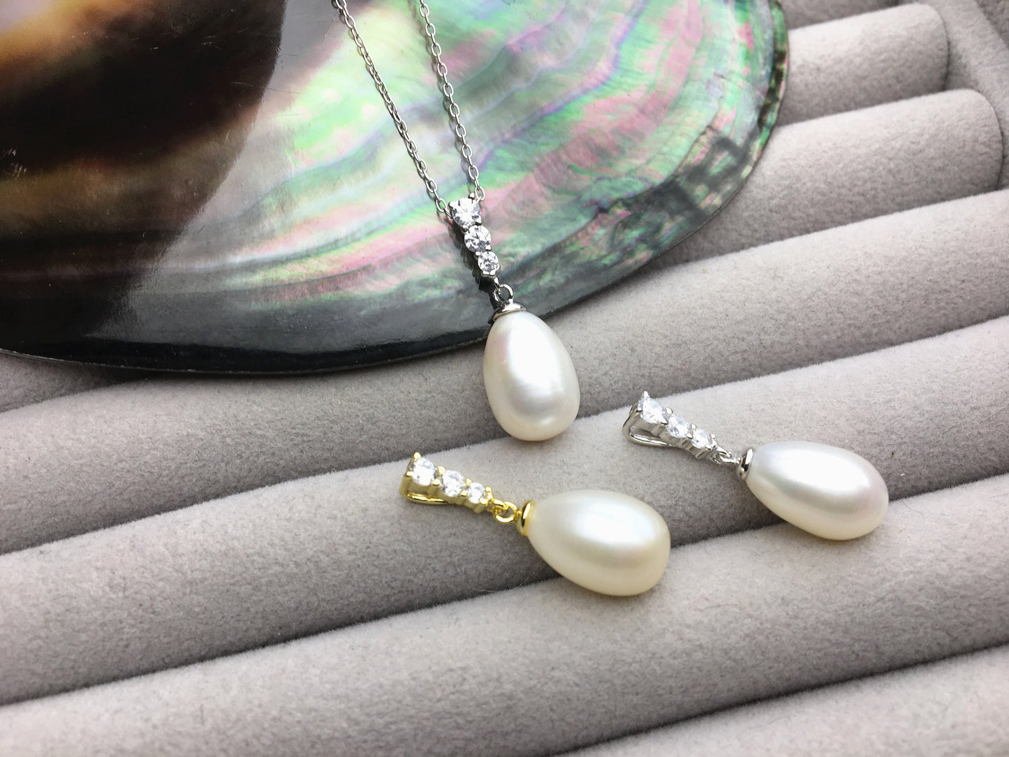 AAA white rice pearl Minimalist cz pendant necklace,S925 Sterling silver pendant,white Pearl necklace - NC1-062