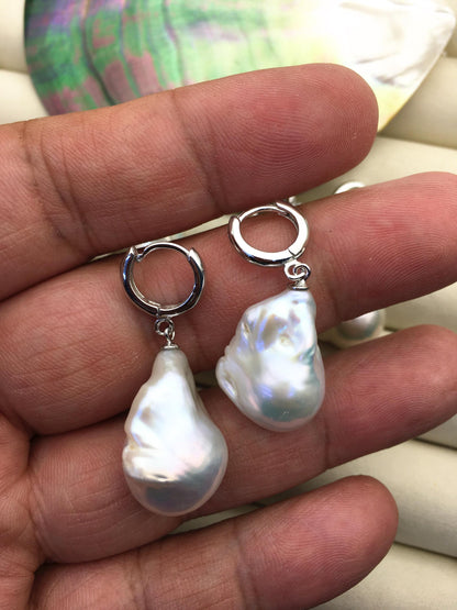 1 pair AAA 13-17mm white flame ball pearl hook earrings,sterling silver,earring with white baroque Natural Pearl,SE3-031-22
