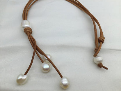 Freshwater Pearl and Leather Lariat Necklace, Light Brwon Leather Pearl necklace, Leather baroque pearl necklace,Le1-070