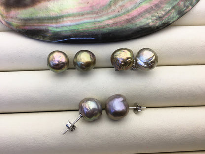 2 pairs AA+ 10-11mm gray baroque near round edison pearl stud earrings,S925 Sterling Sliver stud earrings,SE3-T64