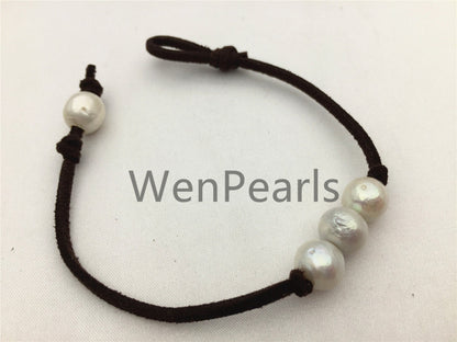 Three Round pearl Leather Pearls Bracelet - 10mm near round pearl - Genuine freshwater pearl - Le7-084