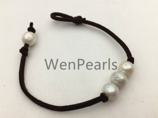 Three Round pearl Leather Pearls Bracelet - 10mm near round pearl - Genuine freshwater pearl - Le7-084