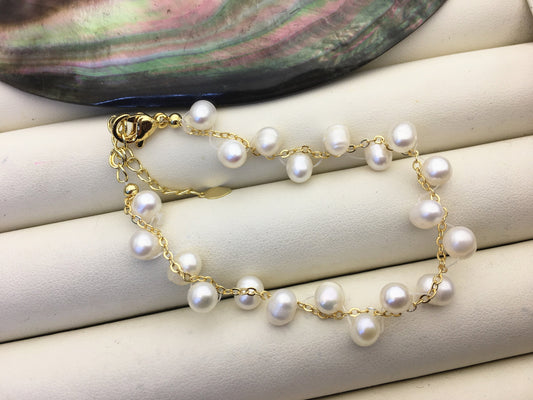 6.5+2'' white AA+ 4-5mm small potato pearl handmade bracelet, B8-055-10